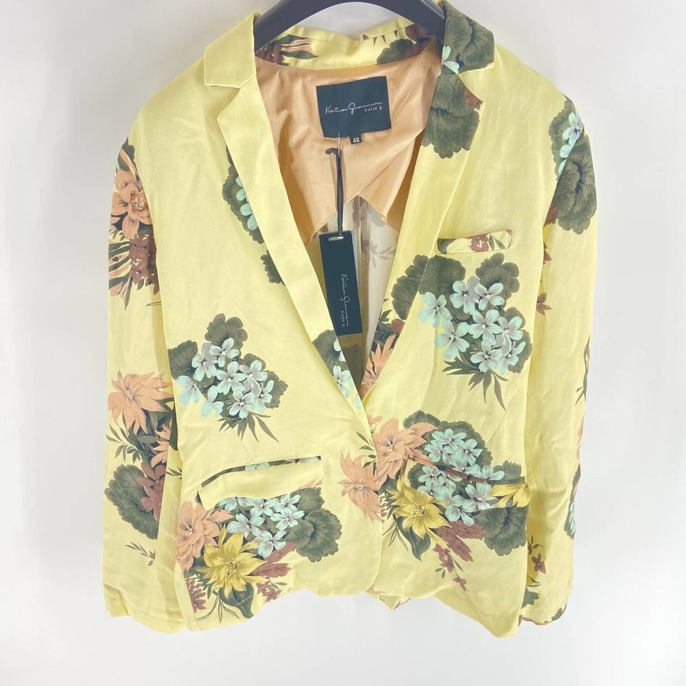 Katia G pastel Yellow large print one button floral blazer NWT Womens 46 or US